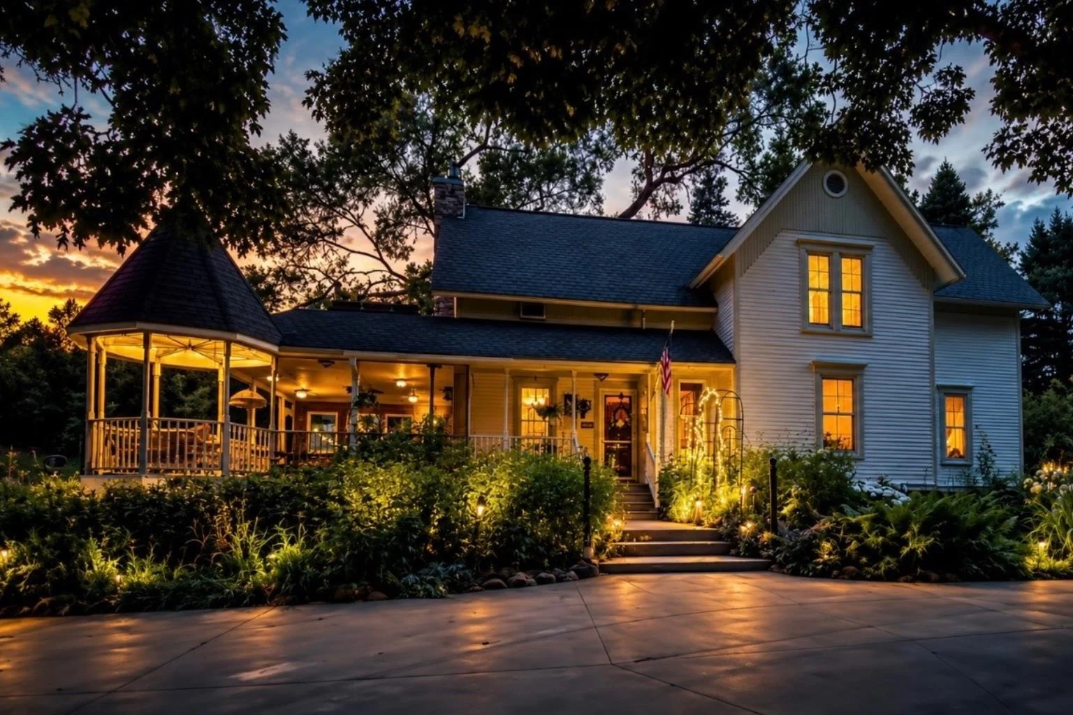 The farmhouse and gardens at dusk